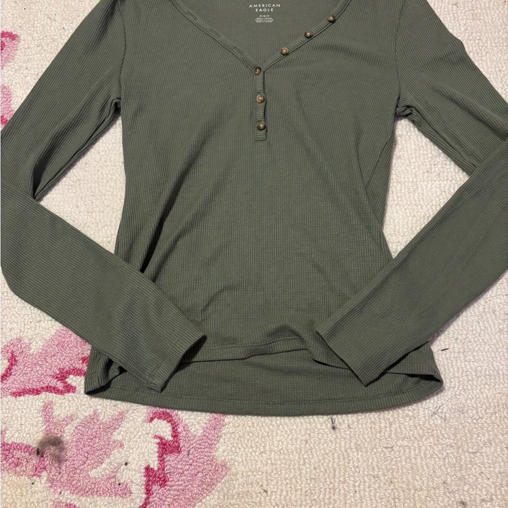 American Eagle Outfitters Olive Green Ribbed Long Sleeve Top